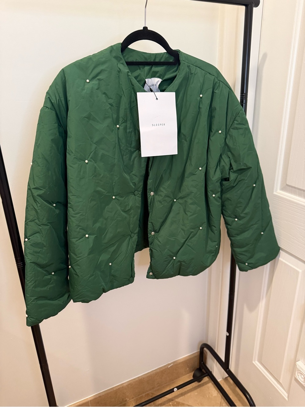 Sleeper Kelly Green Quilted Jacket with Pearl Accents and  Snap closures
